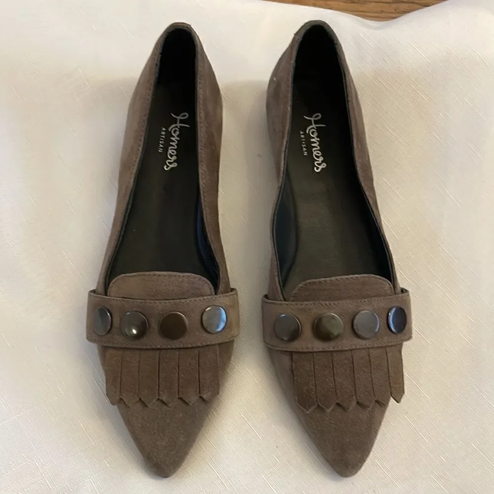 HOMERS TAUPE SUEDE KILTY AND STUD DETAIL FLATS.  NEW.